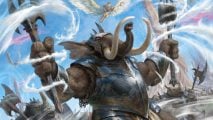 You can make DnD monsters from MtG cards using the MtG to DnD converter app - detail of an elephant person (loxodon) warrior from the card art for Belenon War Anthem, by Antonio José Manzanedo