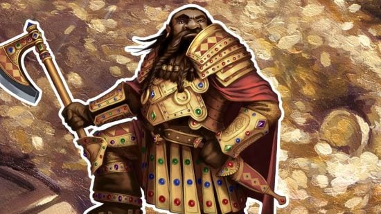 A dwarf, one of the DnD races, wearing golden armor