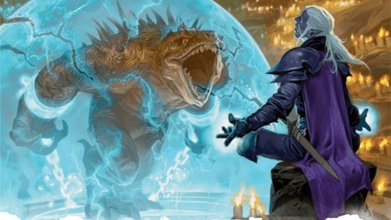 Wizards of the Coast art of a DnD Wizard 5e trapping a monster in a force field