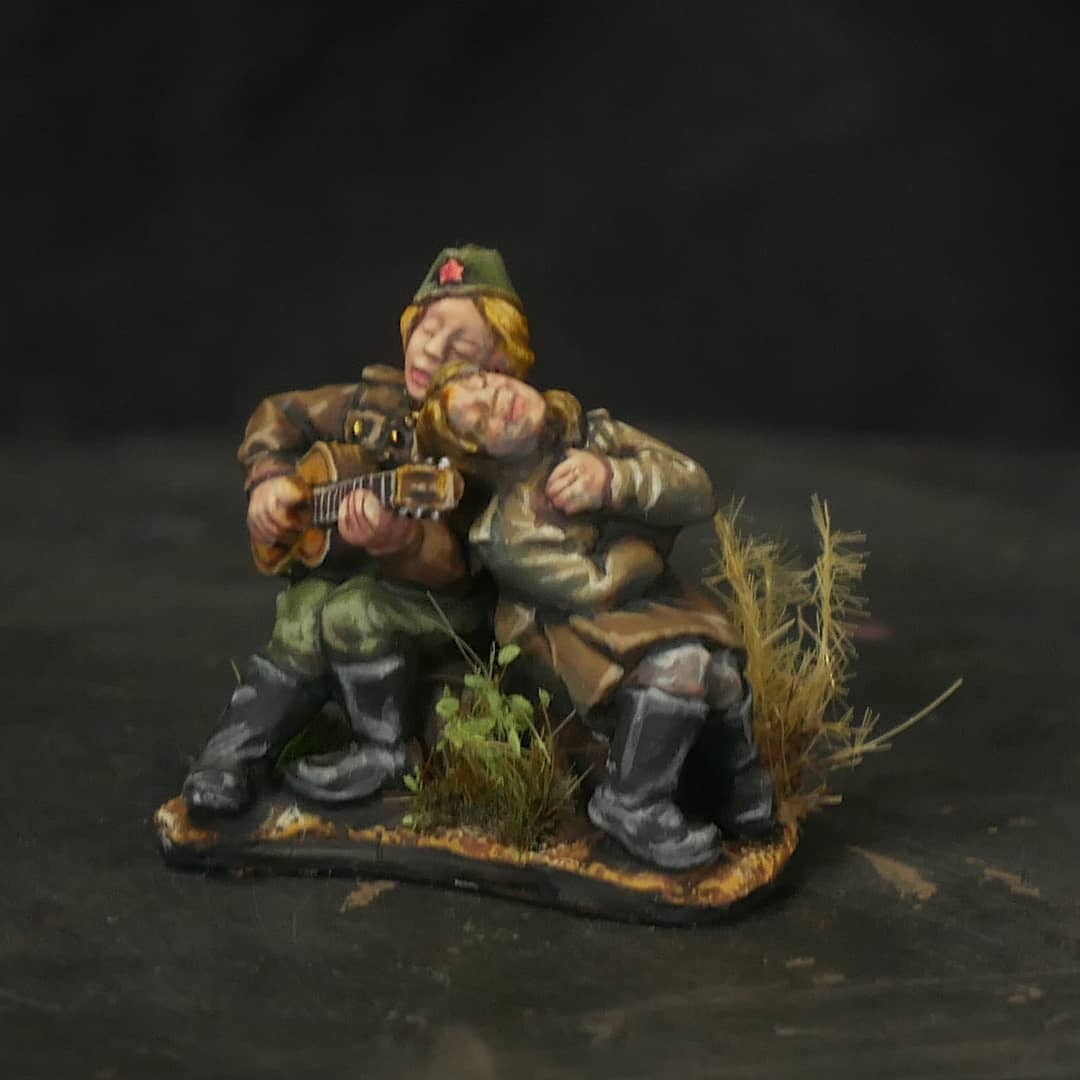 Female minis by Bad Squiddo Games - The Seranade vignette, a female Red Army soldier plays guitar to another female soldier
