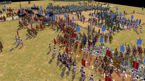 Field of Glory 2 free on Steam - Slitherine screenshot showing a close up birds eye view of a battle, with various units advancing into combat