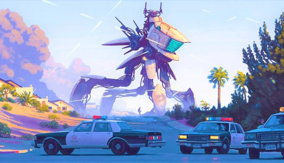 Free League summer sale - Tales from the Loop art of a giant robot surrounded by police cars
