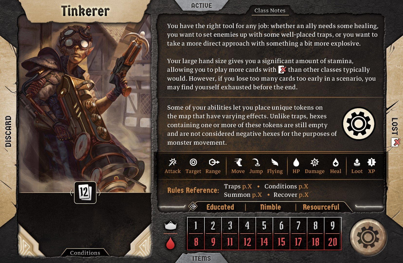 Gloomhaven Isaac Childres interview - Cephalofair image of Tinkerer character mat (front) from second edition