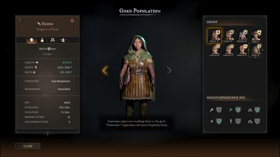 Gord gameplay showing a citizen's stats and character model