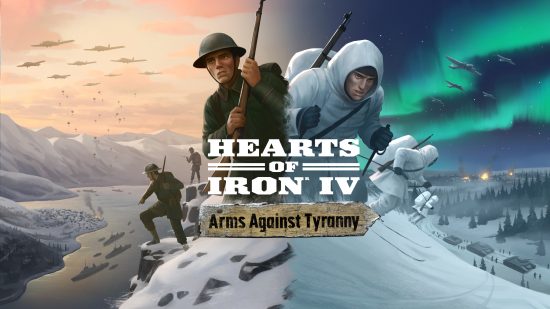 Hearts of Iron 4 DLC Arms Against Tyranny release date speculation and announcement - Paradox Interactive image showing the DLC's key art, with two soldiers, one in snow gear on a mountain