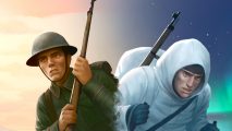 Hearts of Iron 4 DLC Arms Against Tyranny release date speculation and announcement - Paradox Interactive image showing the game's key art, zoomed into two soldiers with rifles, one in snow gear