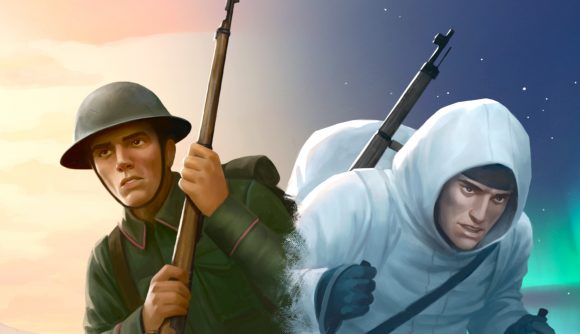 Hearts of Iron 4 DLC Arms Against Tyranny release date speculation and announcement - Paradox Interactive image showing the game's key art, zoomed into two soldiers with rifles, one in snow gear