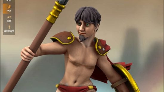 Hero Forge update adds top surgery scars and stretch marks - a transmale Spartan warrior created in Hero Forge in the Hero Forge interface, with stretch marks on the hips and top surgery scars