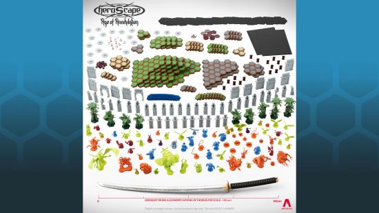 Heroscape board game rights Renegade Games - Hasbro crowdfunding sales image showing the entire box contents for the planned Avalon Hill Heroscape Age of Annihilation board game before it was cancelled