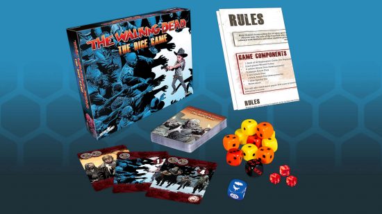 The Walking Dead comic dice game from Mantic Games - product shot of the box, dice, and cards