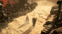 Miasma Chronicles - A man and a robot in a dusty sandy pathway surrounded by tyres and metal debris
