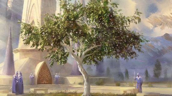 MTG Lord of the Rings art showing a tree at Minas Tirith