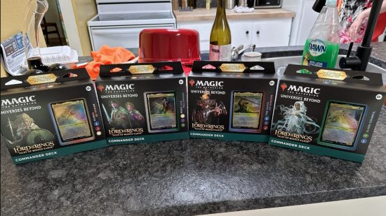 MTG Lord of the Rings decks on a kitchen counter