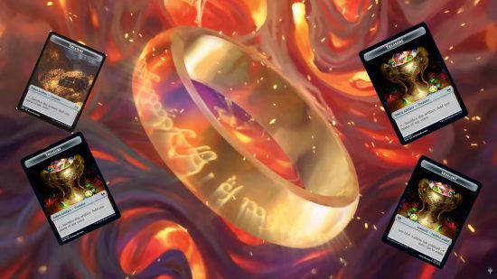 MTG Lord of the Rings One Ring card art with treasure tokens surrounding it