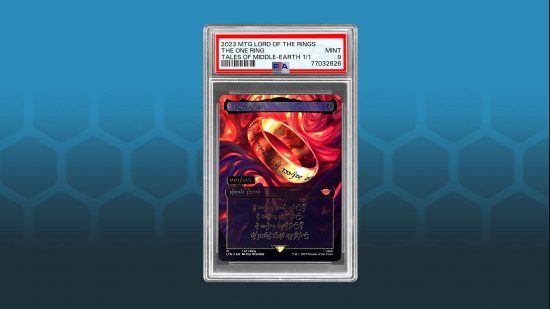 MtG One Ring card found - photo by PSA grading agency of the 001/001 One Ring variant art card in a graded sleeve