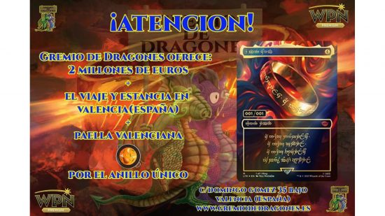 MTG One Ring card advert in Spanish offering 2 million euros