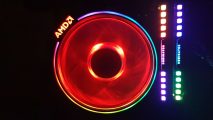I built a $2k gaming pc to play 2d strategy game Shadow Empire - closeup of the red LEDs on a spinning AMD CPU cooler