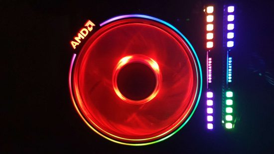 I built a $2k gaming pc to play 2d strategy game Shadow Empire - closeup of the red LEDs on a spinning AMD CPU cooler