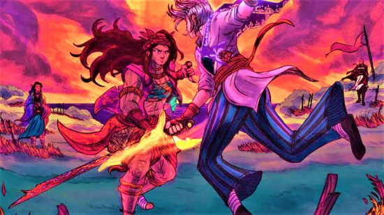 Art of two characters fighting in the Gubat Banwa tabletop RPG