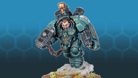 Warhammer 40k 10th edition houseruled by TOs who pre-emptively banned Votann - a Leagues of Votann Einhyr champion in massive armor