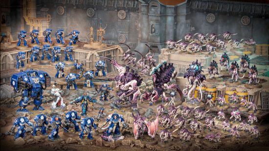 Interview with Warhammer 40k studio manager Stuart Black about Warhammer 40k 10th edition - product photo by Games Workshop of the contents of the Leviathan box set, a force of Space Marines battling alien Tyranids