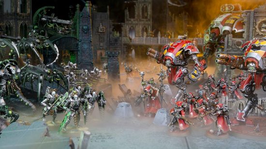 Warhammer 40k 10th edition painting minis with a tremor - Games Workshop photo showing painted Necrons, Adeptus Mechanicus, and Imperial Knights models in battle