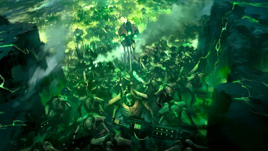 Warhammer 40k 10th edition painting minis with a tremor - Games workshop artwork showing a vast horde of metallic silver and green necrons advancing from monoliths and tomb ships