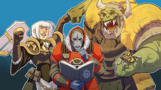 Building bad lists from Warhammer 40k 10th edition points - illustration by Warhammer Community of a blue humanoid T'au poring over a book, while an armored human Sister of Battle and a huge Ogroid Ork with armor bolted to him fistbump in the background