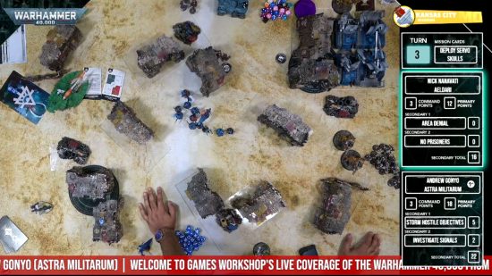 Warhammer 40k 10th edition rules exploits - screenshot of a game from Warhammer Twitch.TV showing the perspex templates under ruins
