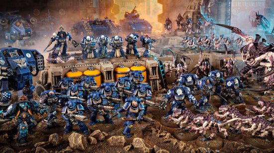 Warhammer 40k 10th edition core rules - product photo by Games Workshop of the Ultramarines Space Marine chapter engaging Tyranid Hive Fleet Leviathan