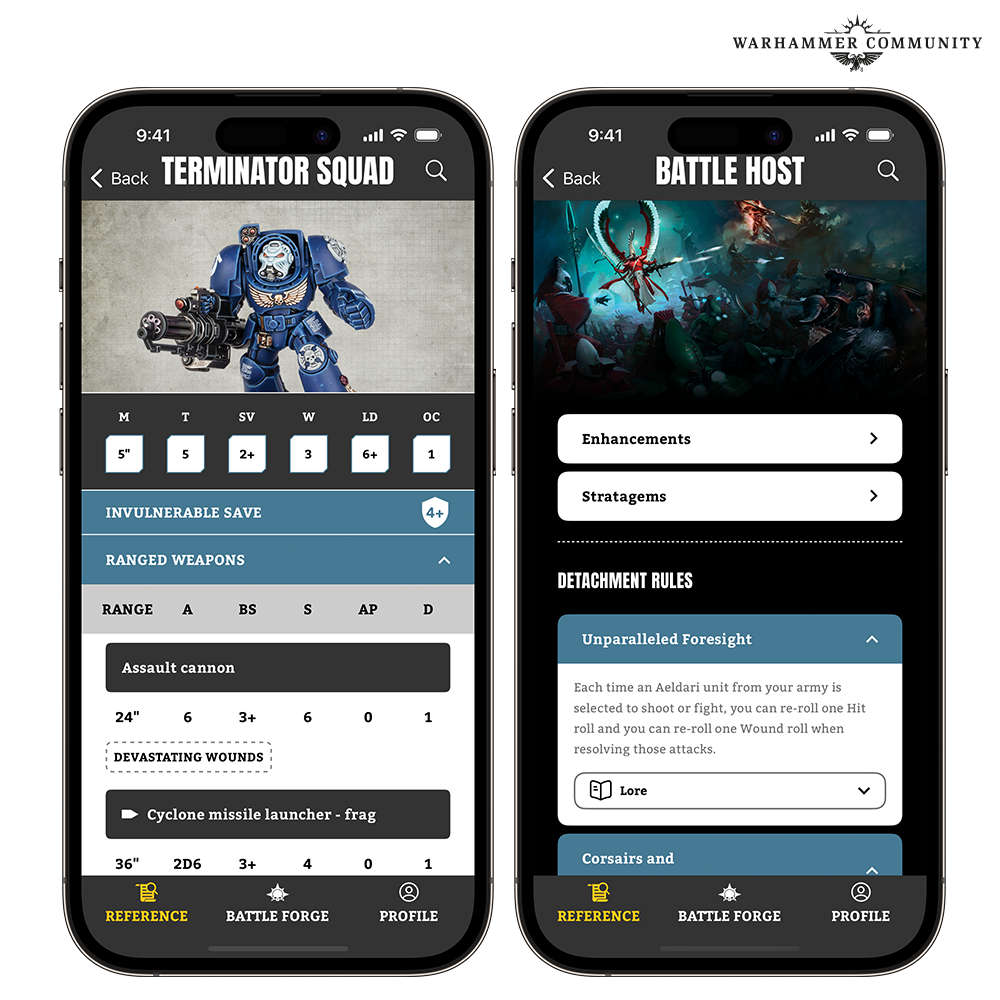 How to download the Warhammer 40k app - three screenshots from the app, demonstrating different features
