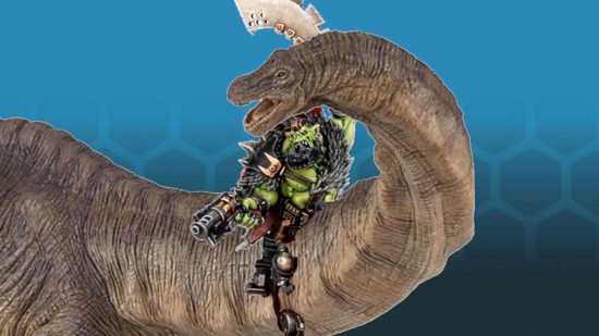 Warhammer 40k authors rate toy dinosaurs - photoshop of an Ork Beastboss riding the neck of an Apatosaurus toy by Papo