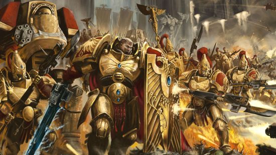 Warhammer 40k Combat Patrol datasheets revealed - Adeptus Custodes artwork by Games Workshop, a wall of superhuman warriors glad in gold
