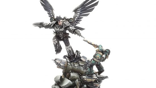 Warhammer 40k Corvus Corax model - a huge, black armored warrior descends on his jump pack to slaughter a traitor marine