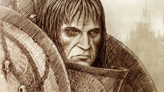 Warhammer 40k Corvus Corax portrait - a glowering, long haired man with sunken eyes