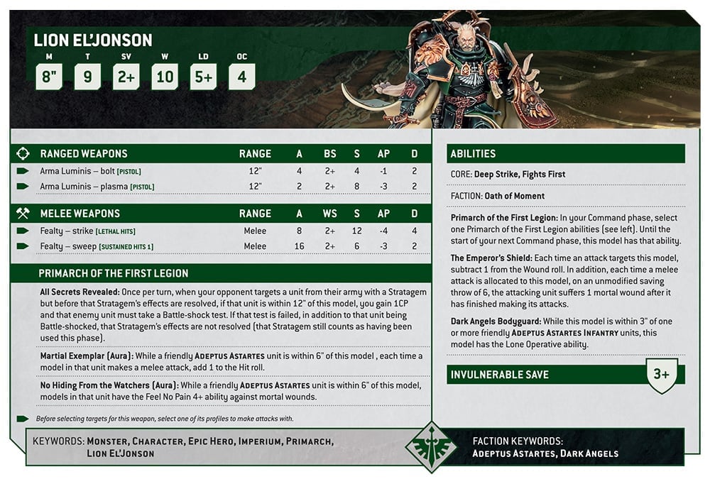 Warhammer 40k Dark Angels Lion El'Jonson datasheet by Games Workshop