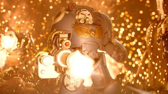 Warhammer 40k fascists and LGBTQ+ safety - Games Workshop screenshot from the 10th edition animated trailer showing an Ultramarines Terminator firing an Assault Cannon