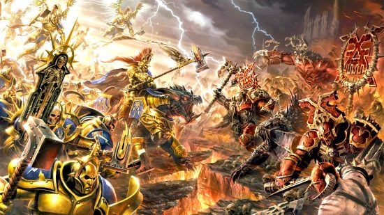 Warhammer 40k fascists and LGBTQ+ safety - Games Workshop image showing an artwork of Age of Sigmar Stormcast Eternals fighting Khorne bloodreavers