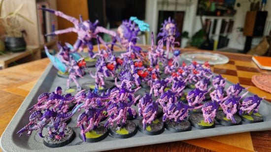 Warhammer 40k Leviathan Tyranids with Citadel Contrast Paints - Author photo showing the Leviathan Tyranids models fully painted in purple