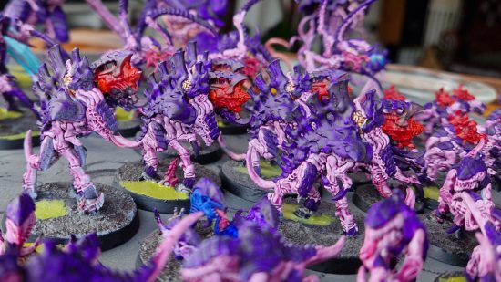 Warhammer 40k Leviathan Tyranids with Citadel Contrast Paints - Author photo showing the Leviathan Tyranids Barbgaunts models painted purple in the midst of the army
