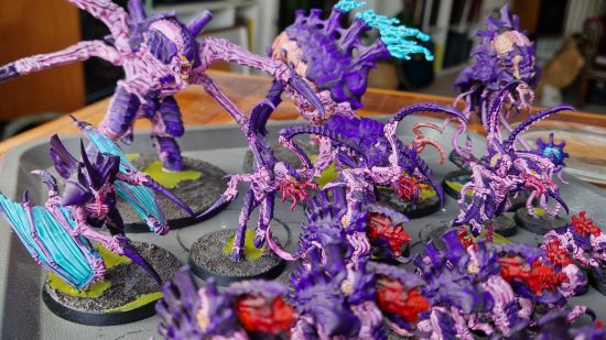 Warhammer 40k Leviathan Tyranids with Citadel Contrast Paints - Author photo showing the Leviathan Tyranids large monster models painted purple