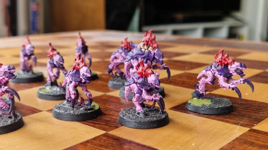 Warhammer 40k Leviathan Tyranids with Citadel Contrast Paints - Author photo showing the Leviathan Tyranids Neurogants models painted in purple