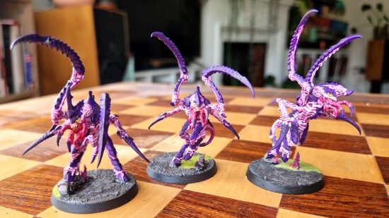 Warhammer 40k Leviathan Tyranids with Citadel Contrast Paints - Author photo showing the Leviathan Tyranids Von Ryan's Leapers models, painted in purple