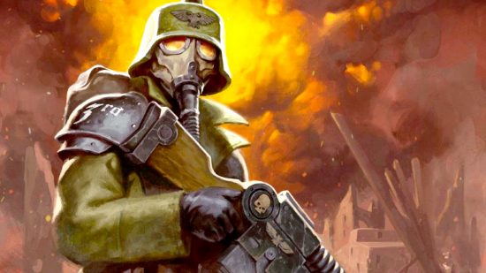 Warhammer 40k LGBTQ representation in lore - Games Workshop artwork showing an Imperial Guard soldier of the Death Korps of Krieg, wearing a gas mask and holding a lasgun, with fire in the background