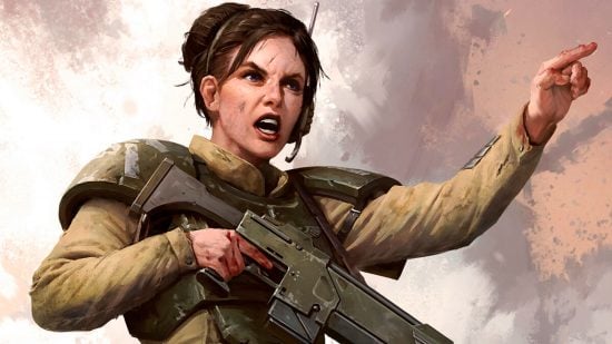 Warhammer 40k LGBTQ representation in lore - Games Workshop artwork showing a female Imperial Guard soldier with a lasgun, giving an order with a pointed finger