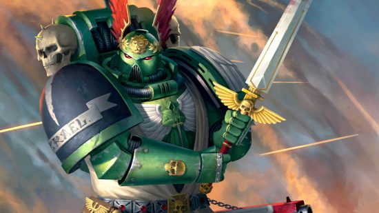 Warhammer 40k LGBTQ representation in lore - Games Workshop artwork showing Dark Angels Space Marine Chapter Master Azrael with a power sword and winged helmet