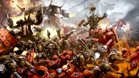 Warhammer 40k LGBTQ representation in lore - Games Workshop artwork showing a horde of Orks led by a Warboss, with a Deff Dread and a Morkanaut, fighting Tau fire warriors