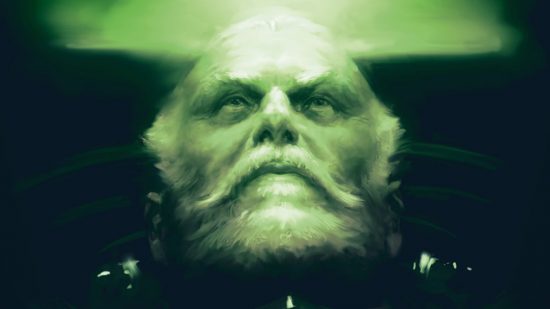 Warhammer 40k LGBTQ representation in lore - Games Workshop artwork showing the upturned face of the returned Dark Angels primarch Lion El Jonson, helmetless, with white grey hair, beard, and moustache