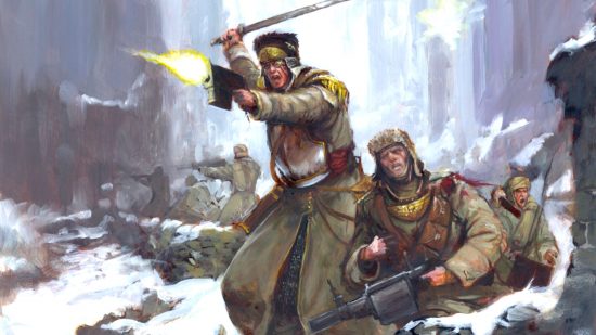 Warhammer 40k LGBTQ representation in lore - Games Workshop artwork showing Valhallan Imperial Guard soldiers charging out of a snowy trench
