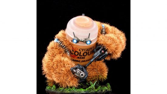 Warhammer 40k Paint Pot - paint pot with a hairy ape like body and high tech glasses